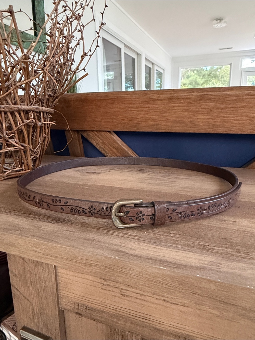Brown Floral-Stamped Leather Belt with Antiqued Buckle